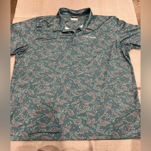 [XXL/2TG]Columbia Men's Green Fish Patterned PFG Fishing Polo Shirt - Picture 1 of 6
